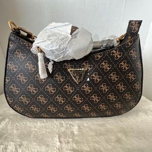 NWT Guess Alexie Top Zip Shoulder Bag Brown Logo